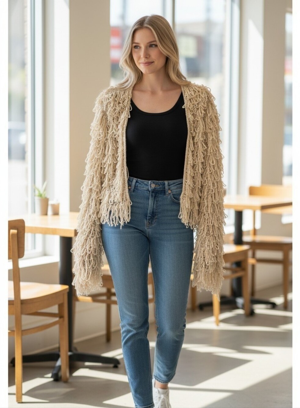 Shaggy Cardigan Open Front Beige Size L